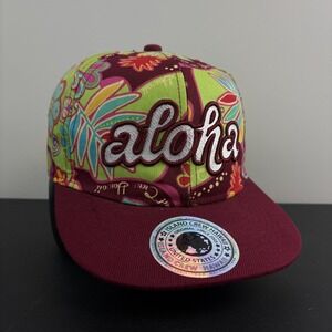 Island Crew Hawaii Aloha Hat Y2K Floral Tribal Maroon Cap Snapback Adjustable